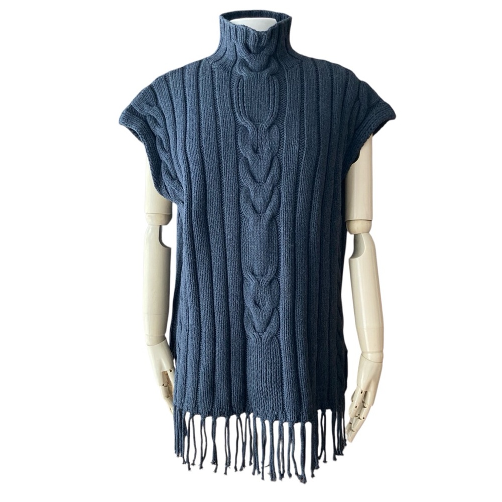 525 AMERICA | Wool Cotton Cable Knit Fringe Turtleneck Vest Sweater XS/S